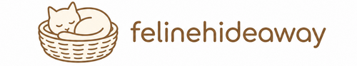 A minimalist logo featuring a sleeping cat curled up inside a basket, with the text 'felinehideaway' in brown lettering on a plain white background.